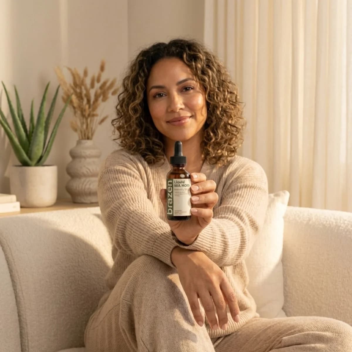 Woman relaxing on a sofa holding Brazen Sea Moss Immunity Drops