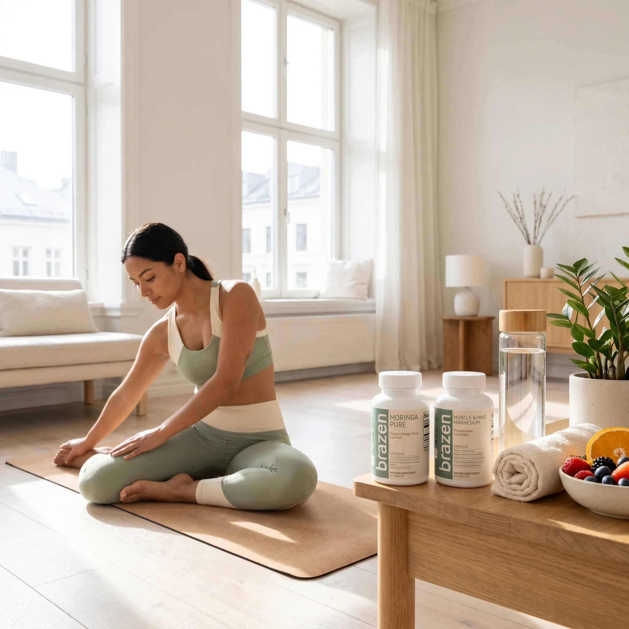 Woman stretching on a yoga mat in a sunny room with Brazen supplements nearby