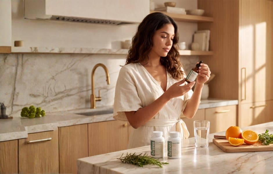 Woman in a sunlit kitchen with Brazen supplements and a glass of water on the counter