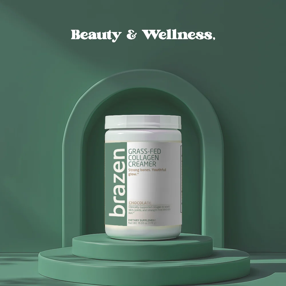 Brazen Grass-Fed Collagen jar in Chocolate on a green arched display