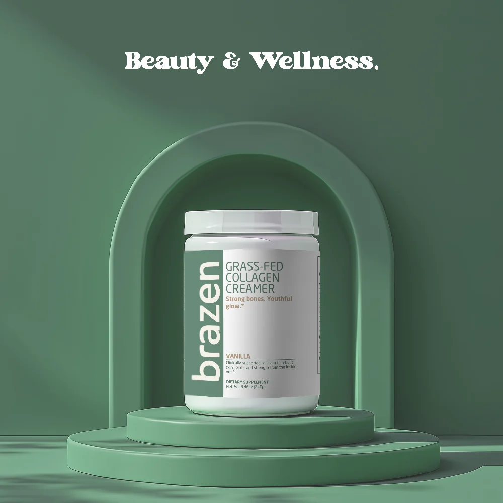 Brazen Grass-Fed Collagen Creamer jar in Vanilla on a green arched display