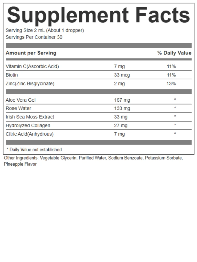 Sea Moss Skin Drops Supplement Facts label