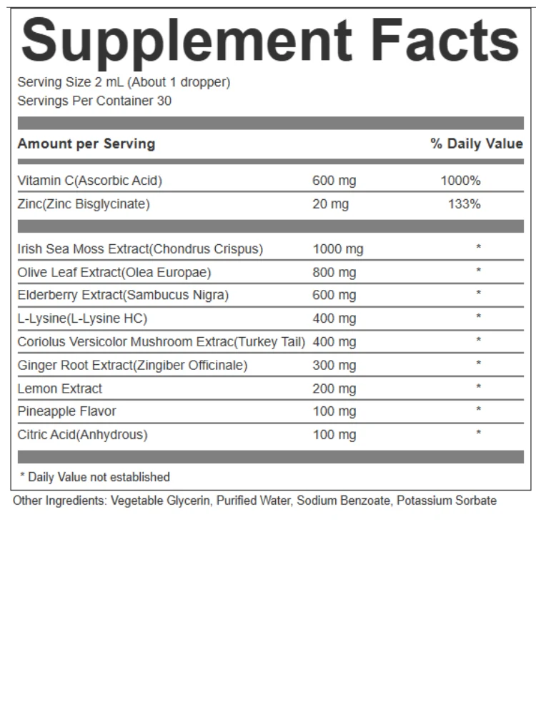 Sea Moss Immunity Drops Supplement Facts label