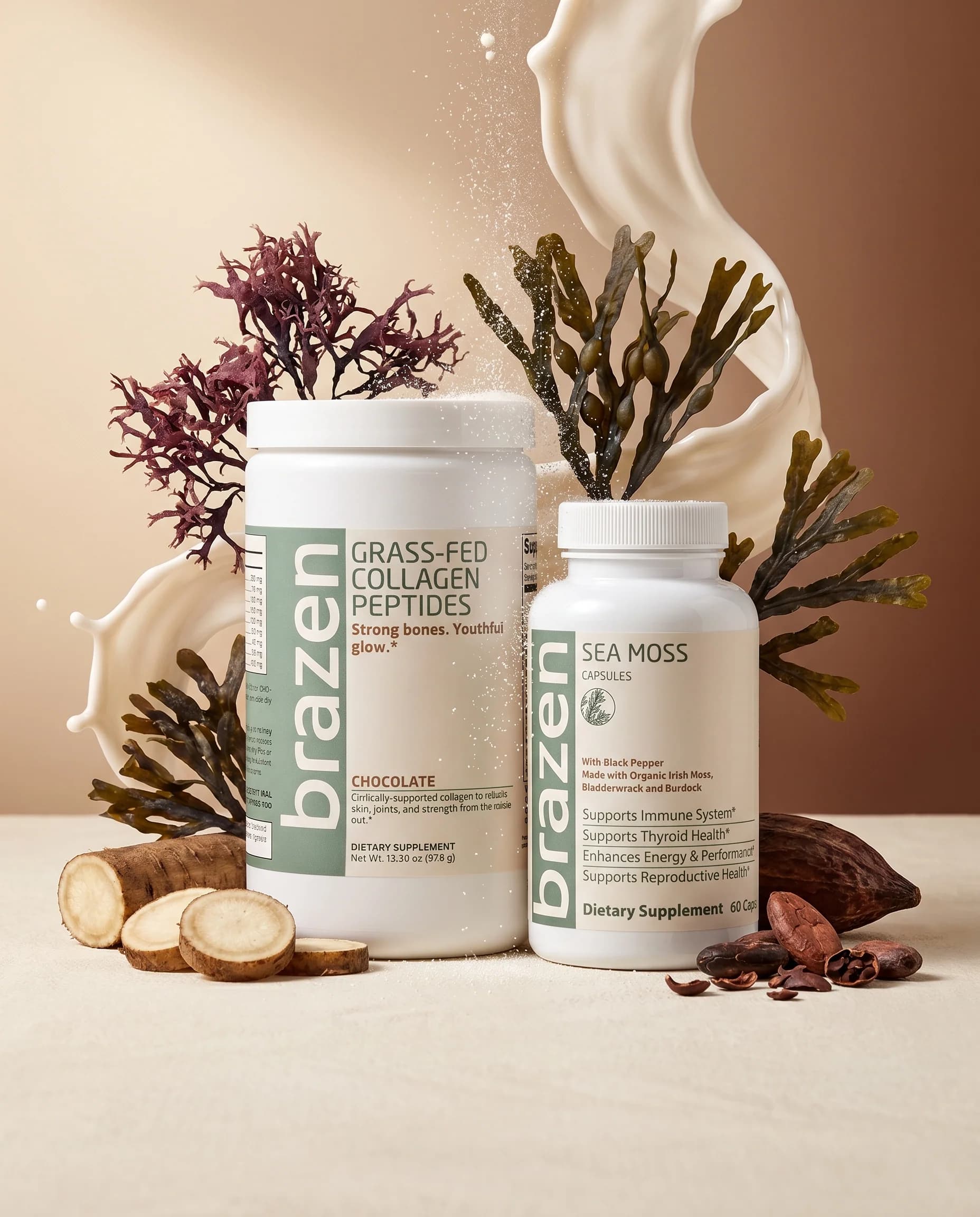 Brazen Sea Moss Capsules and Chocolate Collagen Peptides surrounded by red and brown seaweed, sliced burdock root and cacao pods