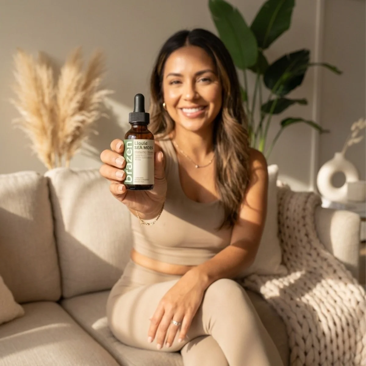 Smiling woman on a sofa holding up a bottle of Brazen Liquid Sea Moss Immunity Drops