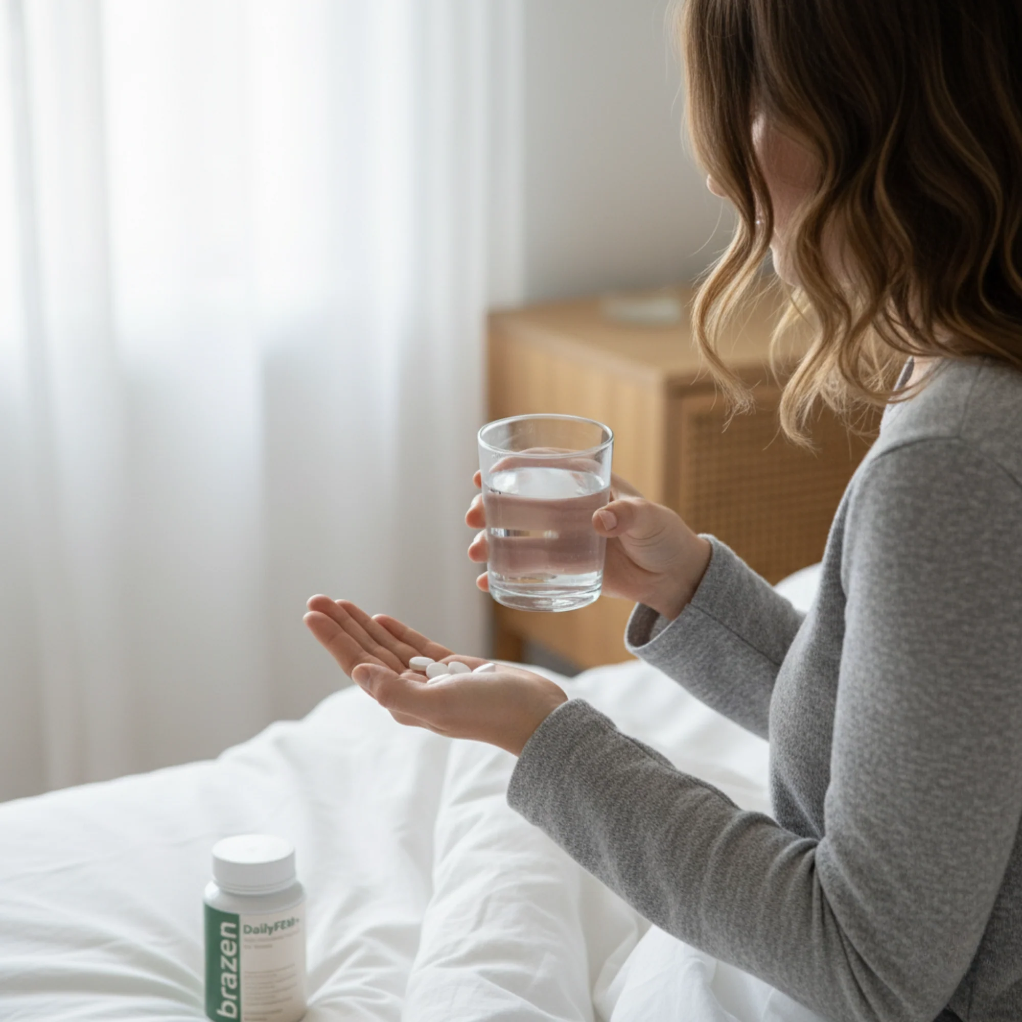 Woman sitting on a bed holding a glass of water and capsules in her palm, with a bottle of Brazen DailyFEM+ on the sheets
