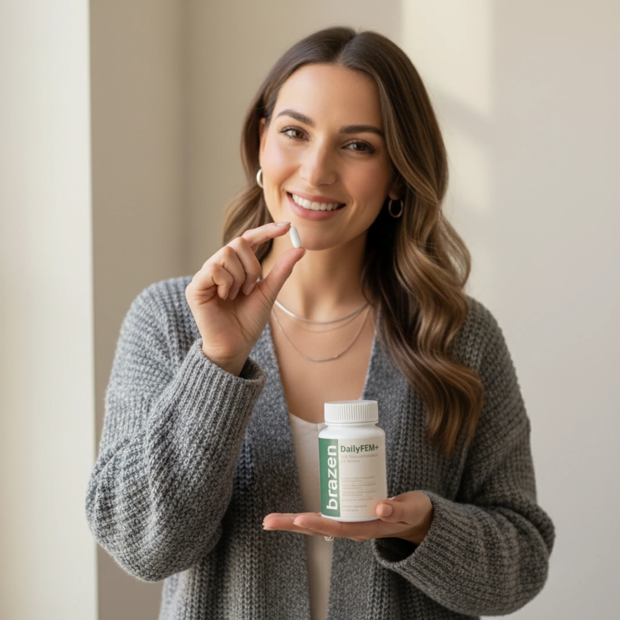 Smiling woman in a grey knit cardigan holding up a capsule and a bottle of Brazen DailyFEM+