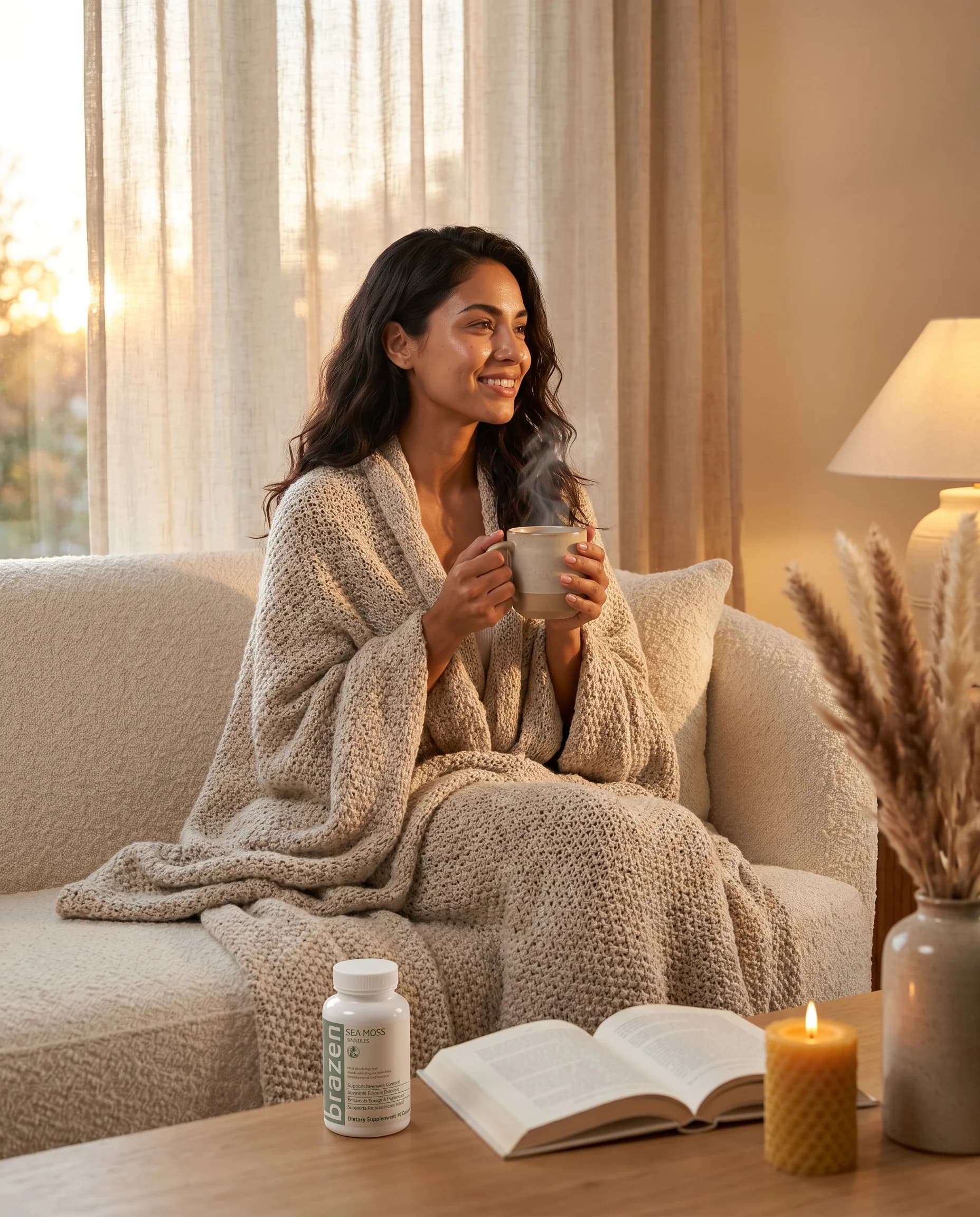Smiling woman wrapped in a knit blanket on a sofa, holding a steaming mug, with a Brazen bottle, an open book and a candle on the table
