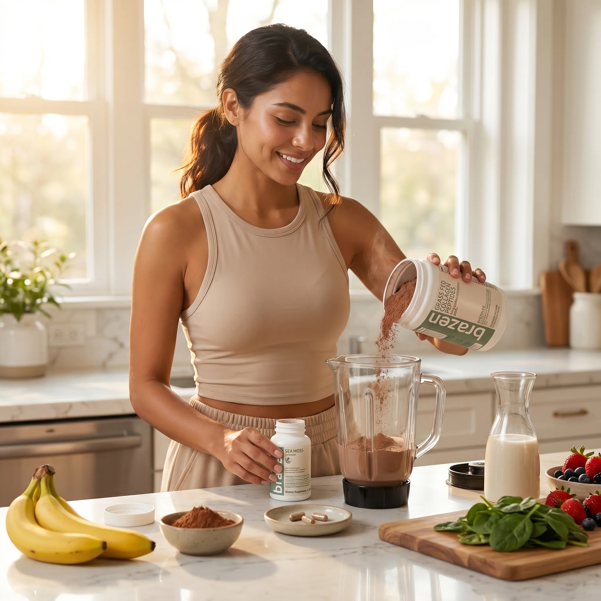 Smiling woman pouring Brazen Chocolate Collagen Peptides into a blender of chocolate shake, with bananas, cocoa, berries and a carafe of milk on the counter