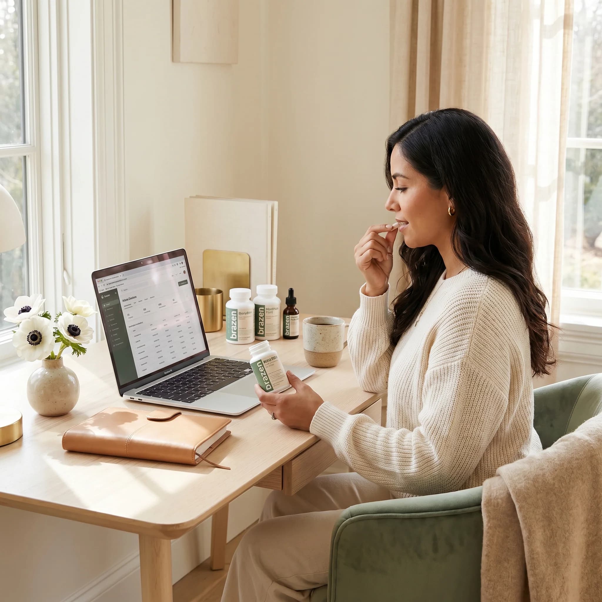 Woman at a sunlit desk holding a Brazen supplement bottle and taking a capsule, with a laptop, notebook and more Brazen bottles on the desk