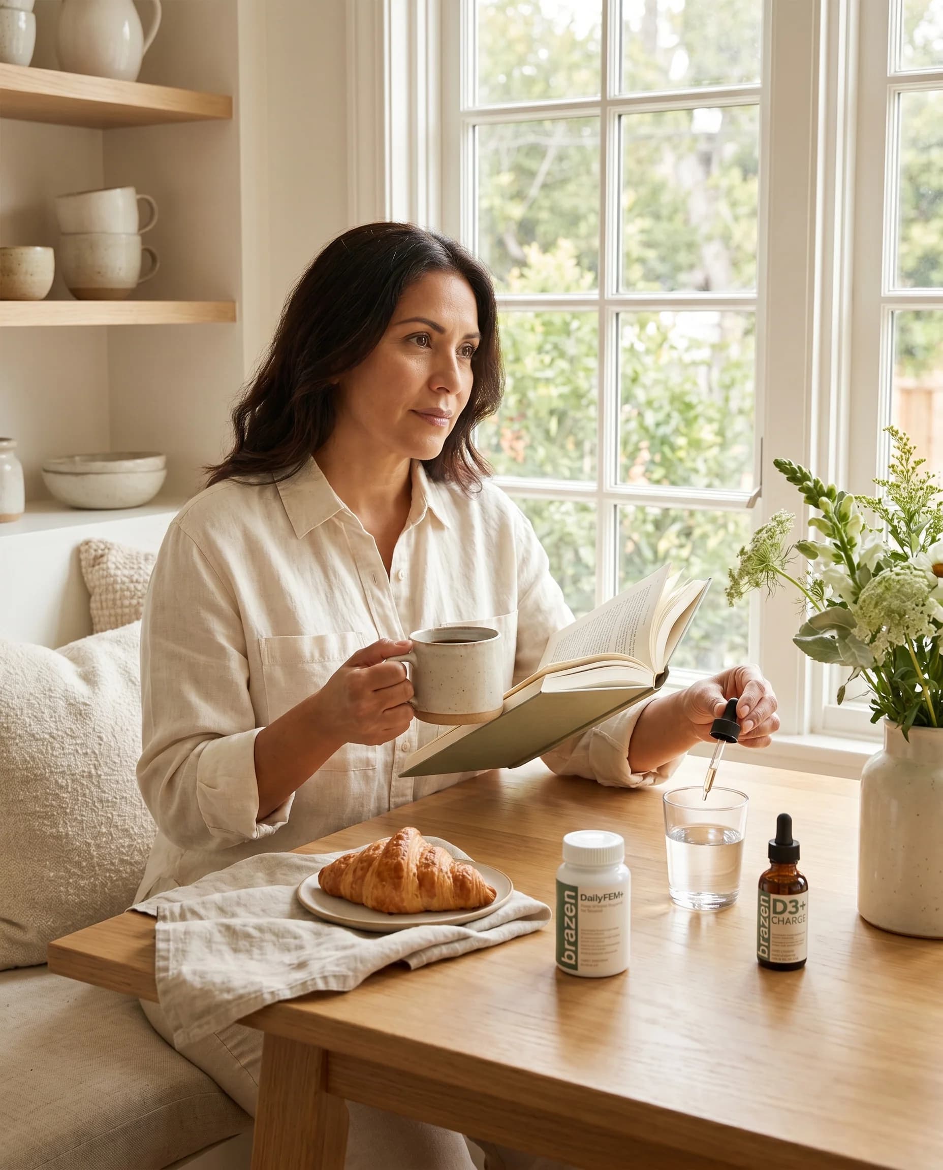 Woman with a mug and an open book at a sunny window table, using a Brazen D3+ Charge dropper beside a croissant, a glass of water and DailyFEM+