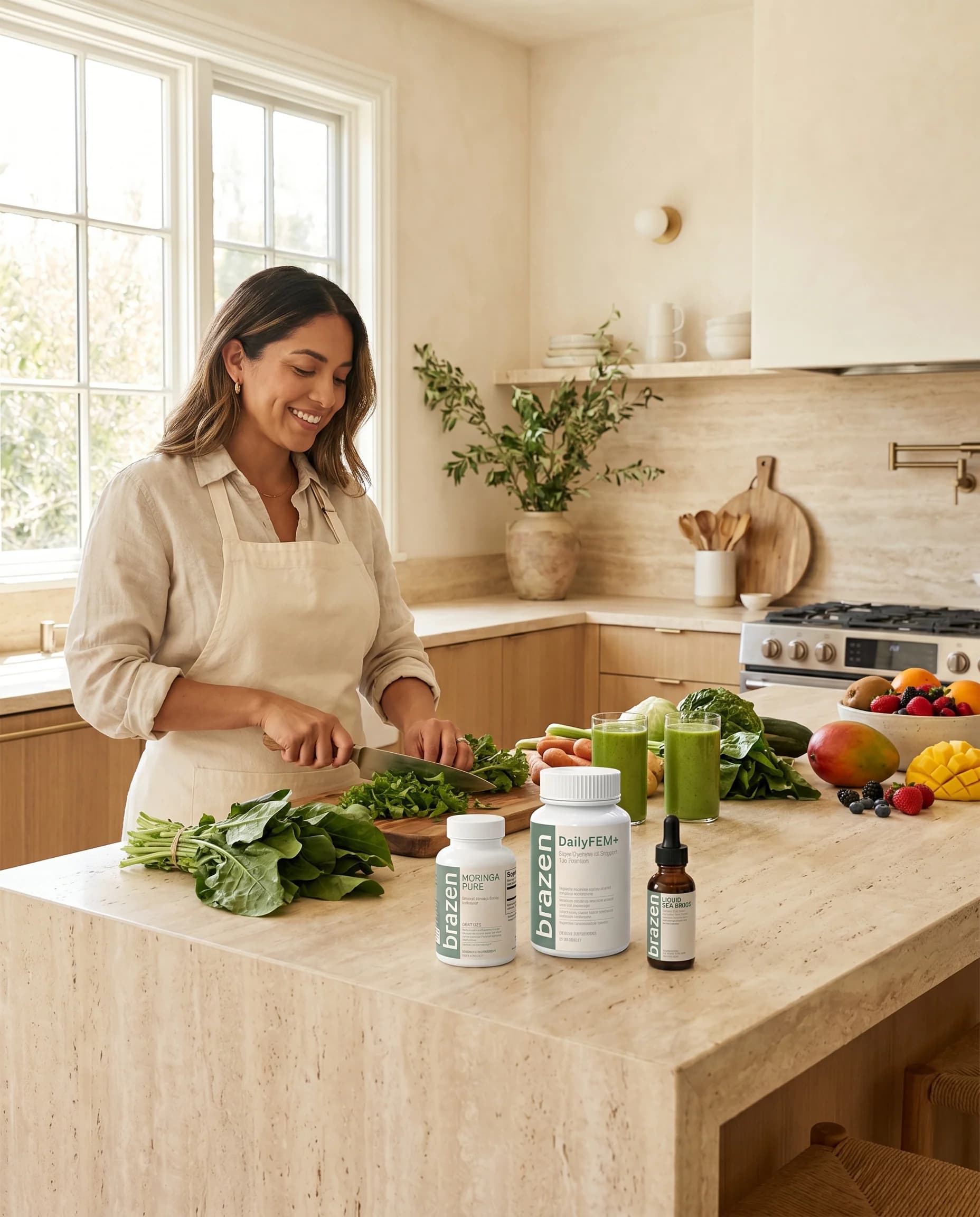 Smiling woman chopping leafy greens at a kitchen island beside glasses of green juice and bottles of Brazen Moringa Pure and DailyFEM+